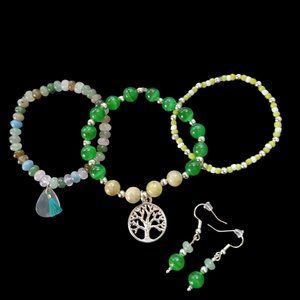Bracelets "The Tree Life", Three Color Green With Charms And Earrings